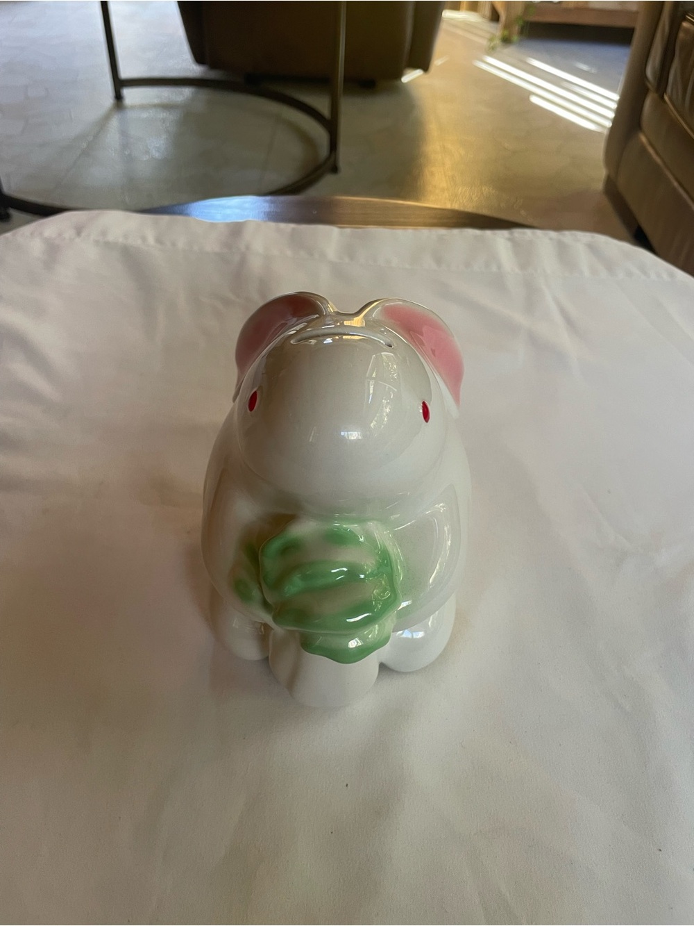 Ceramic Elephant Figurine with Green Leaf Accent - White & Pink